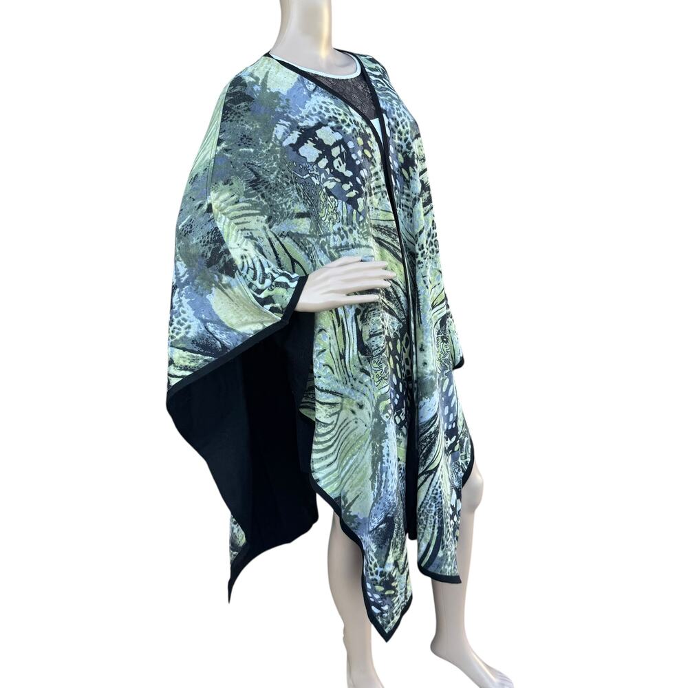 St John Collection 100% Wool Printed Kimono Cape Poncho Wrap Reversible Look OS